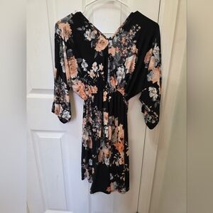 White Birch Black and Peach Floral Long Sleeve Dress